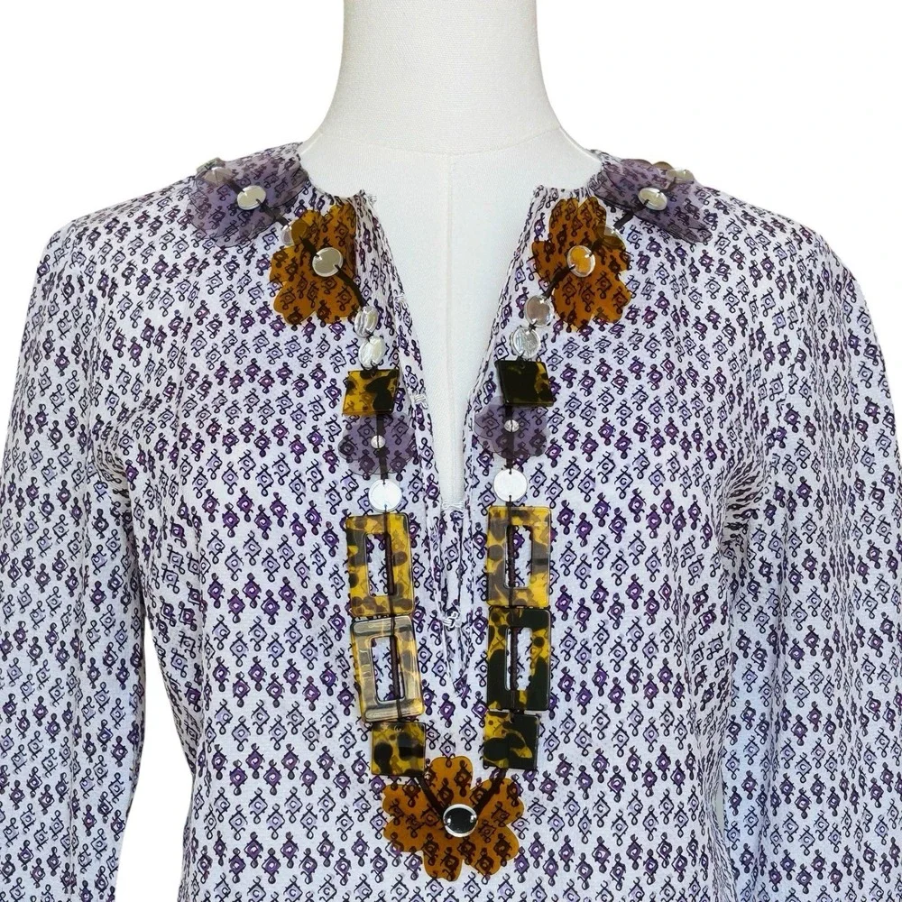 Tory Burch Sz 6 Printed Cotton And‎ Silk V Neck Tunic Top Purple Beaded Neckline